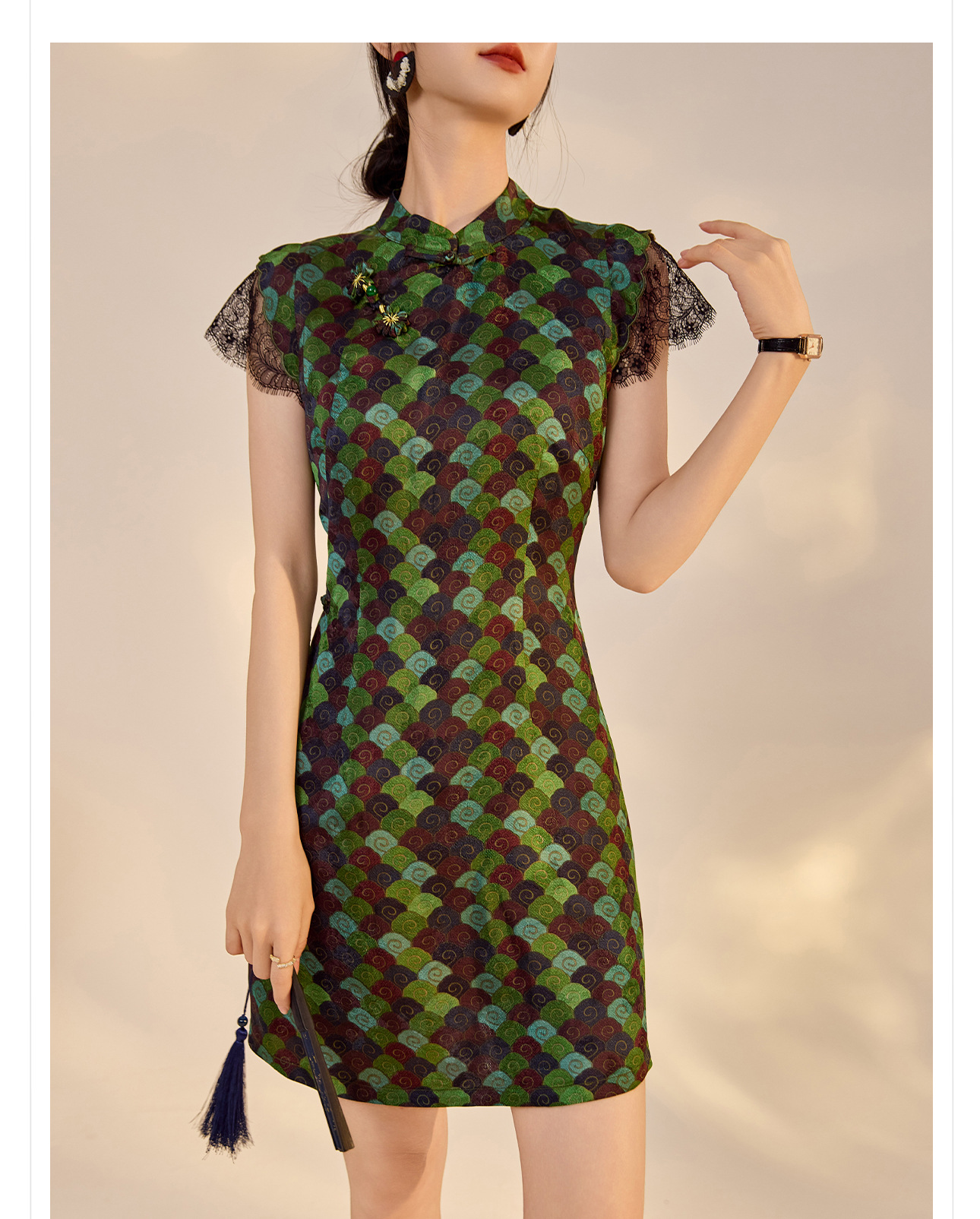 Váy sườn xám cách tân cổ đứng cài cúc kẻ sọc dáng chữ A chất rayon — Màu xanh khoáng chi tiết 13
