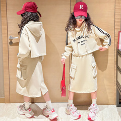 女童春秋季新款韓版連帽衛衣工裝裙套裝中大童休閒女孩時髦兩件套