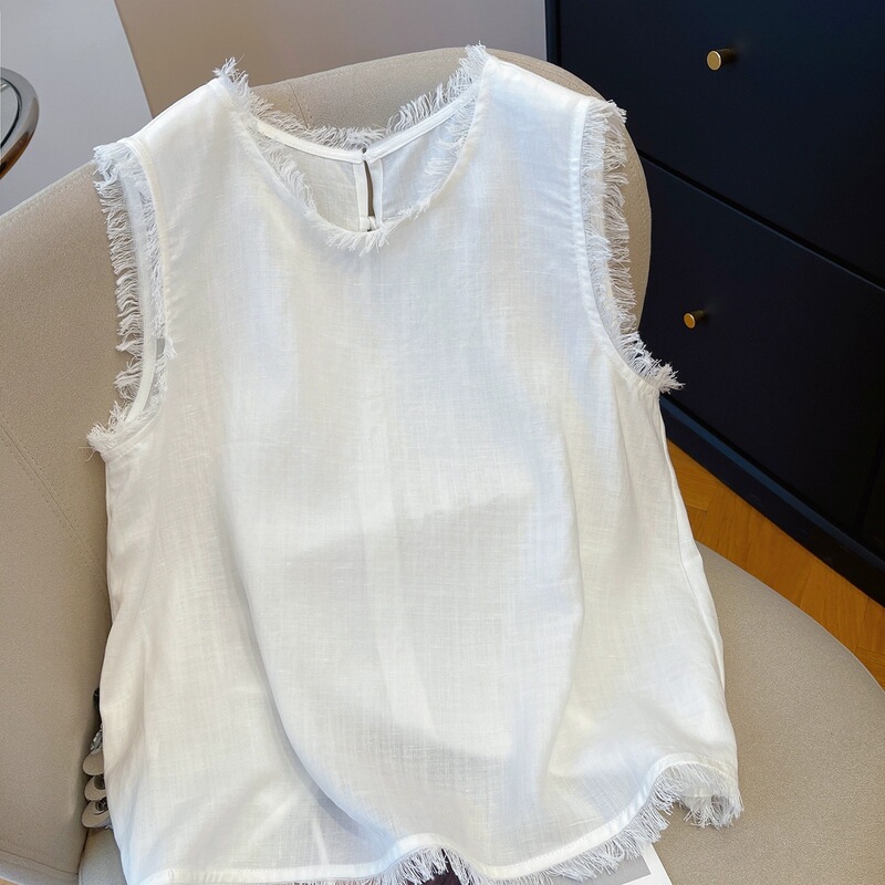 Yellow Tassel-Edged Linen Sleeveless Shirt for Women, Summer 2026 New Style, Loose and Stylish Cotton-Linen Tank Top Blouse