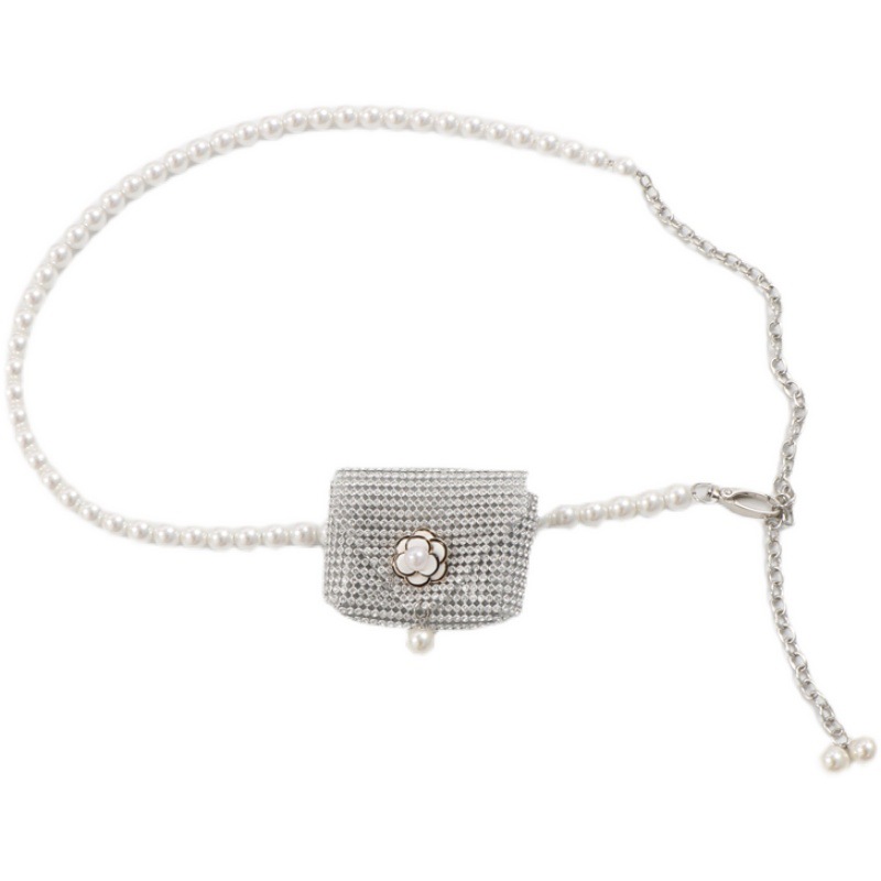 Riñonera pequeña compacta de doble propósito con cadena de perlas y diamantes de imitación para verano, bolso de mensajero de moda, cinturón para cambiar de lápiz labial para mujer_voghion.com