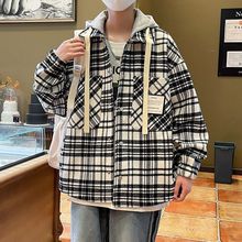 假两件连帽格子夹克男春秋季新款男装开衫外套港风大码休闲上衣服