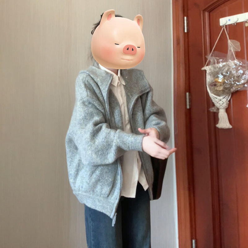 灰色复古连帽毛衣外套女春秋小个子慵懒风高级感加厚宽松针织开衫|undefined