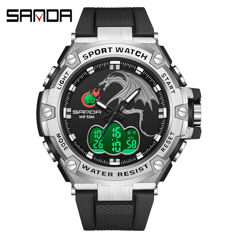 Sanda 3171 reloj electrónico dragón rociador de fuego reloj impermeable moda de moda luminoso reloj de hombre multifuncional