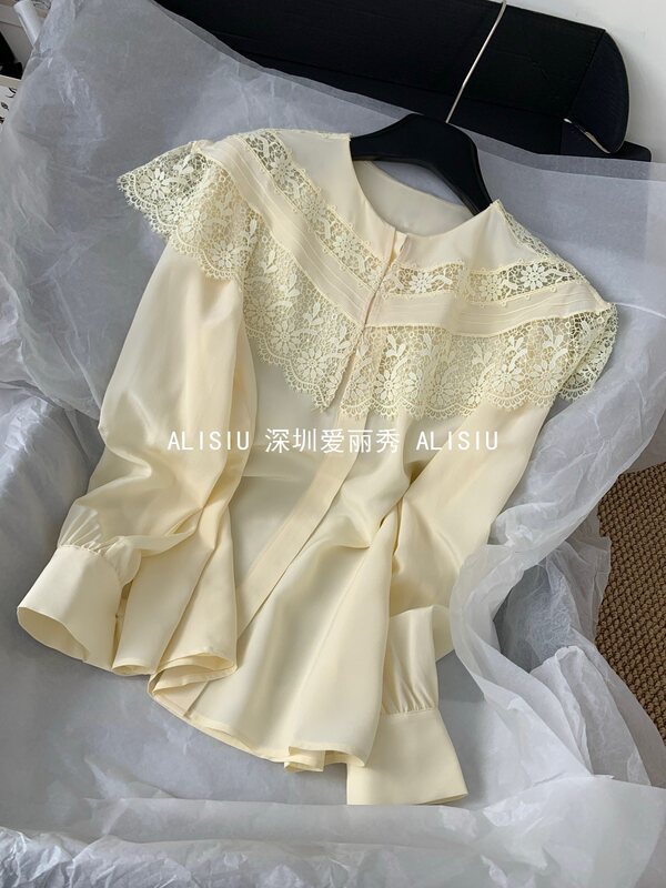 Nanyou Light Luxury Spring Versatile French Style Shirt Long Sleeve Round Neck Silk Ruffle Lace Peter Pan Collar White Nanyou Light Luxury Spring Versatile French Style Shirt Long Sleeve Round Neck Silk Ruffle Lace Peter Pan Collar White