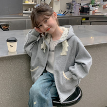 秋季中大女童休闲外套童装儿童女孩外穿卫衣帽绳拉链衫蕾丝拼接潮