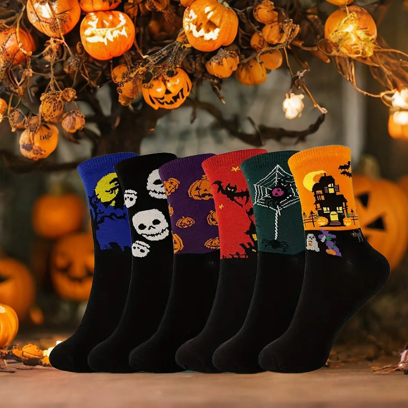 European and American Cross-Border Export Large Size Halloween Socks Skull Pumpkin Bat Cartoon Print Funny Socks Men and Women Trendy Socks
