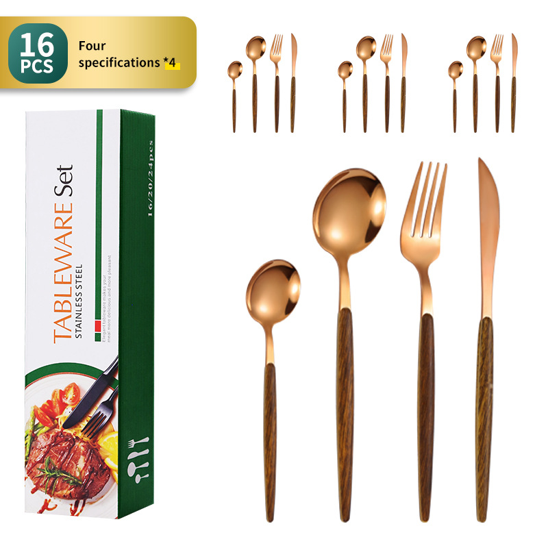 Cuchillo, tenedor y cuchara de mango de madera de acero inoxidable transfronterizo Amazon vajilla de grano de madera coreana Portugal vajilla Coreana de 16 piezas