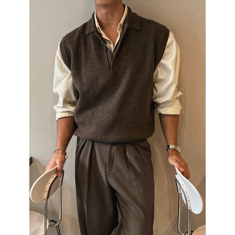 asede Old Money Style American Knit Vest for Men, Spring and Autumn Vintage Brown Polo Collar Heavy Sweater Vest asede Old Money Style American Knit Vest for Men, Spring and Autumn Vintage Brown Polo Collar Heavy Sweater Vest