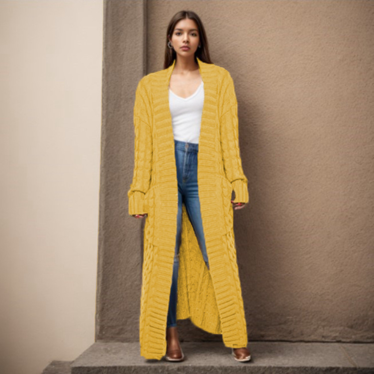Damen-Strickjacke mit langen Ärmeln, einfarbig, langer Pullover, dicker Mantel_voghion.com