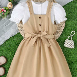 夏季学院风日系背带连衣裙少女长裙子套装显瘦法式花边连衣裙