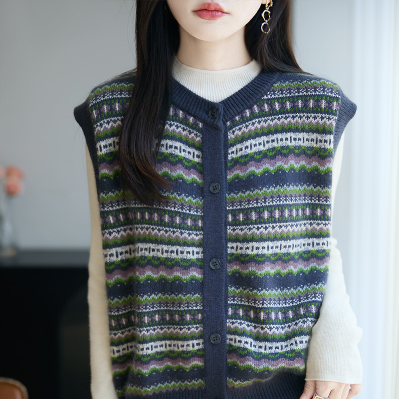 法式复古条纹针织马甲开衫女新款费尔岛提花宽松叠穿女装坎肩上衣|undefined