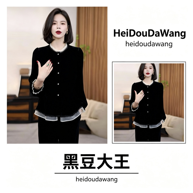 Drop-shipping popular French velvet faux two-piece shirt, 2025 autumn new fashion design top Drop-shipping popular French velvet faux two-piece shirt, 2025 autumn new fashion design top
