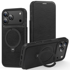 适用iPhone17ProMax手机壳360旋转磁吸支架苹果16翻盖皮革保护套