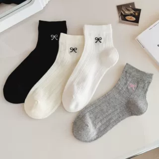 袜子夏天女薄款短筒袜韩版日系刺绣蝴蝶结中筒袜网眼透气诸暨棉袜