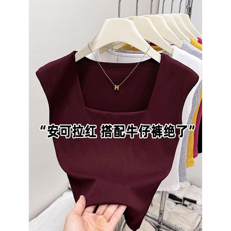 2026 New Sleeveless Top T-shirt, High-end Ankora Red Square Neck Short Pure Cotton Vest for Women to Wear in Summer 2026 New Sleeveless Top T-shirt, High-end Ankora Red Square Neck Short Pure Cotton Vest for Women to Wear in Summer