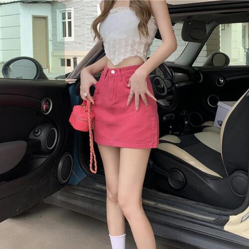 Raspberry Half-Body Skirt for Women 2025 New Summer Hot Girl Short Skirt High-Waisted Hip-Hugging Skirt Dragon Fruit Color Denim Skirt