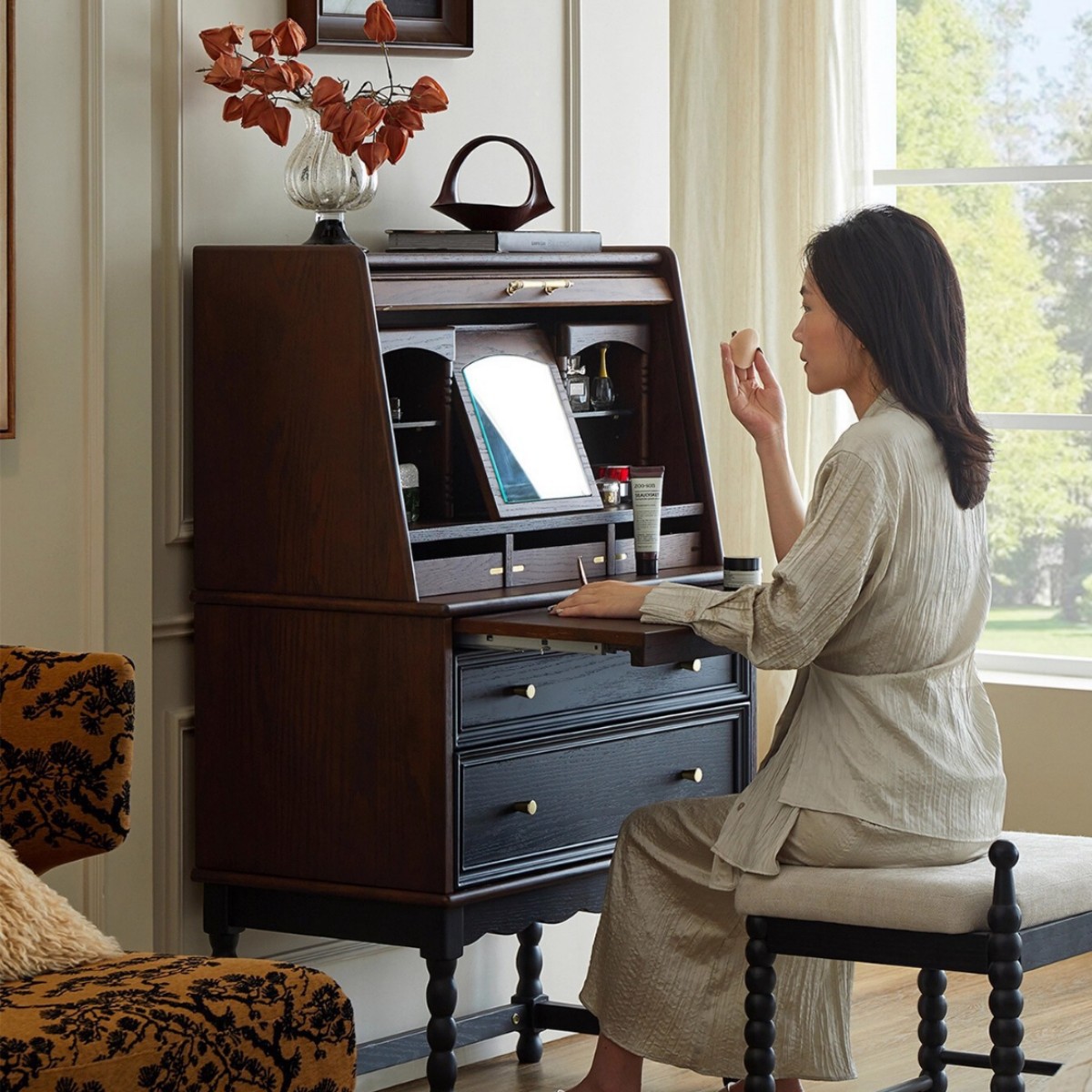 French Solid Wood Dressing Table for Home Small Apartment Pull-Out Multi-Functional Dressing Table Bedroom Retro Storage Dressing Table