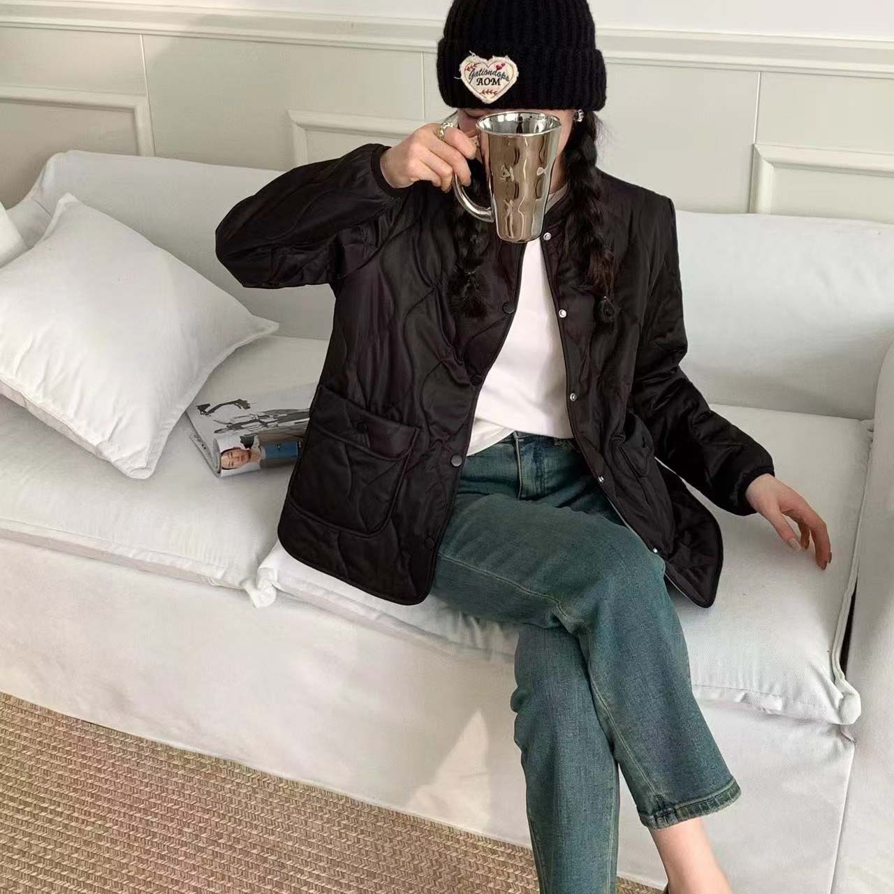 MOTIE 양모 방풍 재킷 2024 가을과 겨울 새로운 패션 간단한 여성 양모 방풍 재킷