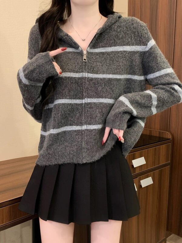 拉链连帽条纹撞色毛衣外套女2025秋冬新款休闲百搭慵懒风针织开衫|undefined