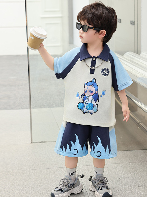 7406 Traje de verano para niños, Nezha para niños, ropa de mar Ao Bing, traje de dos piezas de polo de manga corta a juego