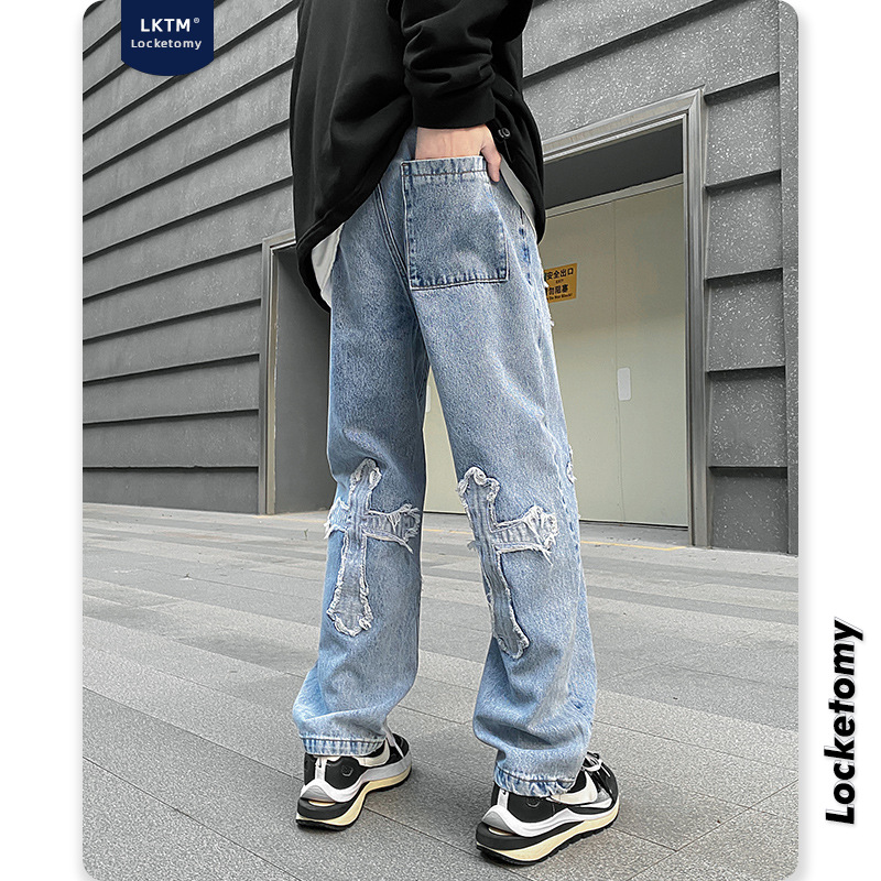LKTM Men's# American High Street Cross Jeans Men's Trendy Loose Straight Wide Leg Dad Long Pants