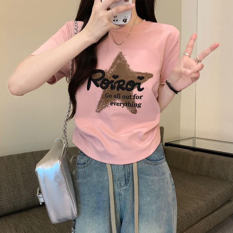 Letter Printed Pink Short-Sleeved T-Shirt for Women 2025 Summer New Versatile T-Shirt Slim Short Style Top Letter Printed Pink Short-Sleeved T-Shirt for Women 2025 Summer New Versatile T-Shirt Slim Short Style Top