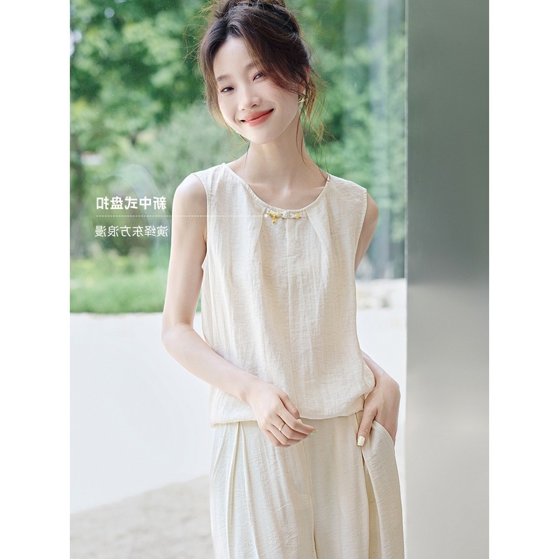 简约圆领新中式盘扣无袖衬衫女夏季新款宽松休闲薄款背心衬衣小衫|undefined