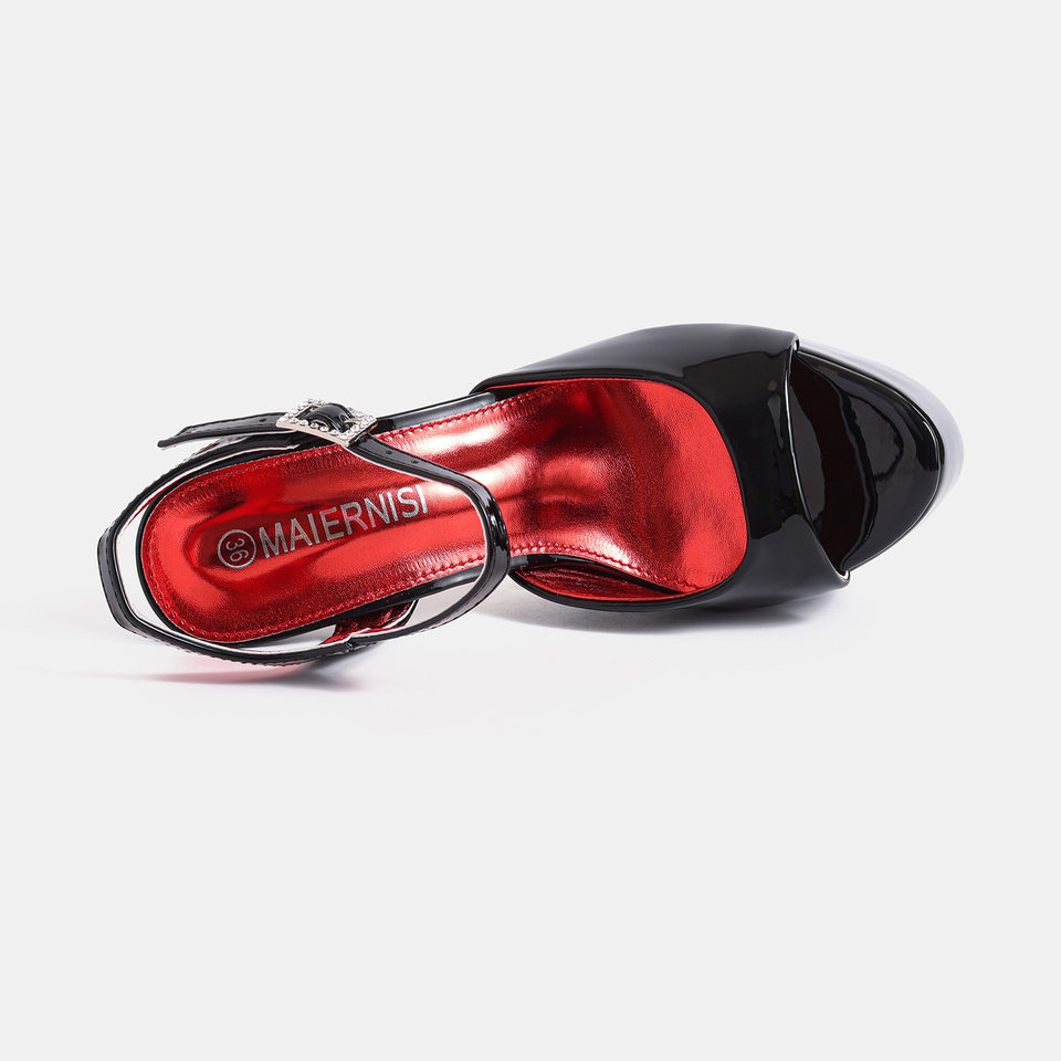 Giày cao gót sandal nữ quai ngang hở mũi gót 14 cm phong cách Âu Mỹ — Màu be, màu đen chi tiết 7