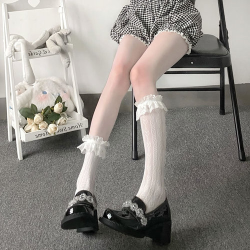 Japanese-style mid-calf socks with lace trim for Lolita style; women's Instagram-inspired summer thin socks in jk schoolgirl style.