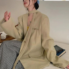 2025年春秋季新款休闲慵懒风v领中长款西装外套女宽松西服上衣潮