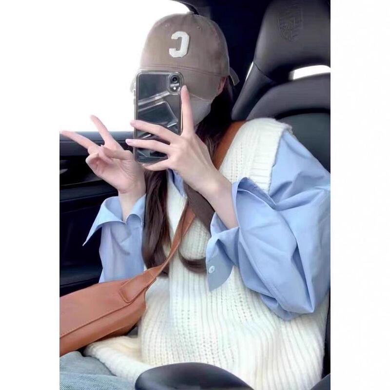 初秋叠穿纯棉蓝色衬衫女打底内搭长袖上衣宽松遮肉显瘦衬衣外穿潮|undefined