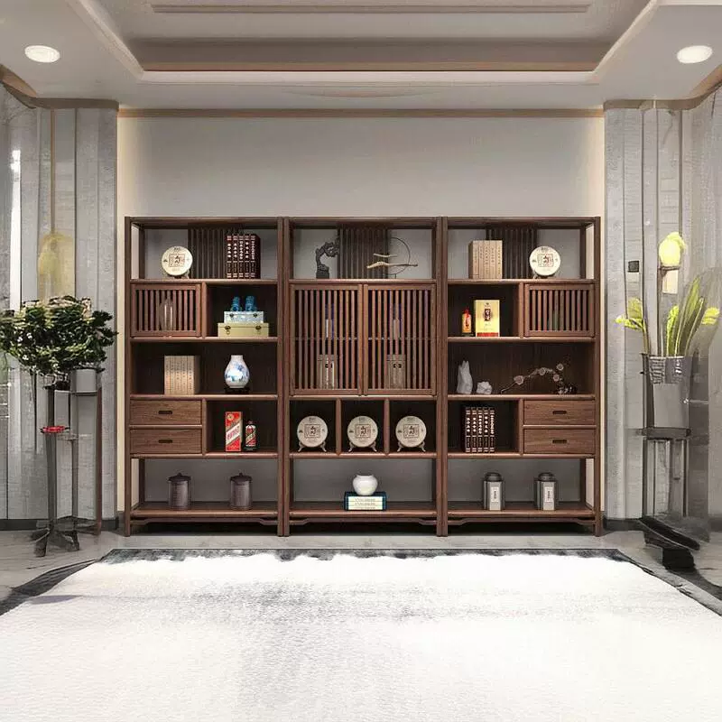 博古架新中式实木黑胡桃书柜老榆木展示柜多宝阁茶室置物架家具
