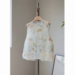 新中国式の美しい青いベスト女性の夏の薄いタイプの欧根紗刺繍の若い国風ベストの2つのセット