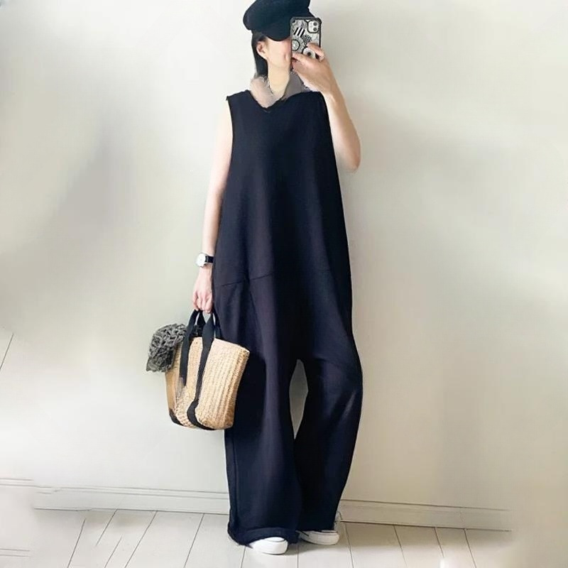 In-Stock Japanese Style 2026 Summer New Round-Neck Sleeveless Wide-Leg Solid Color Jumpsuit