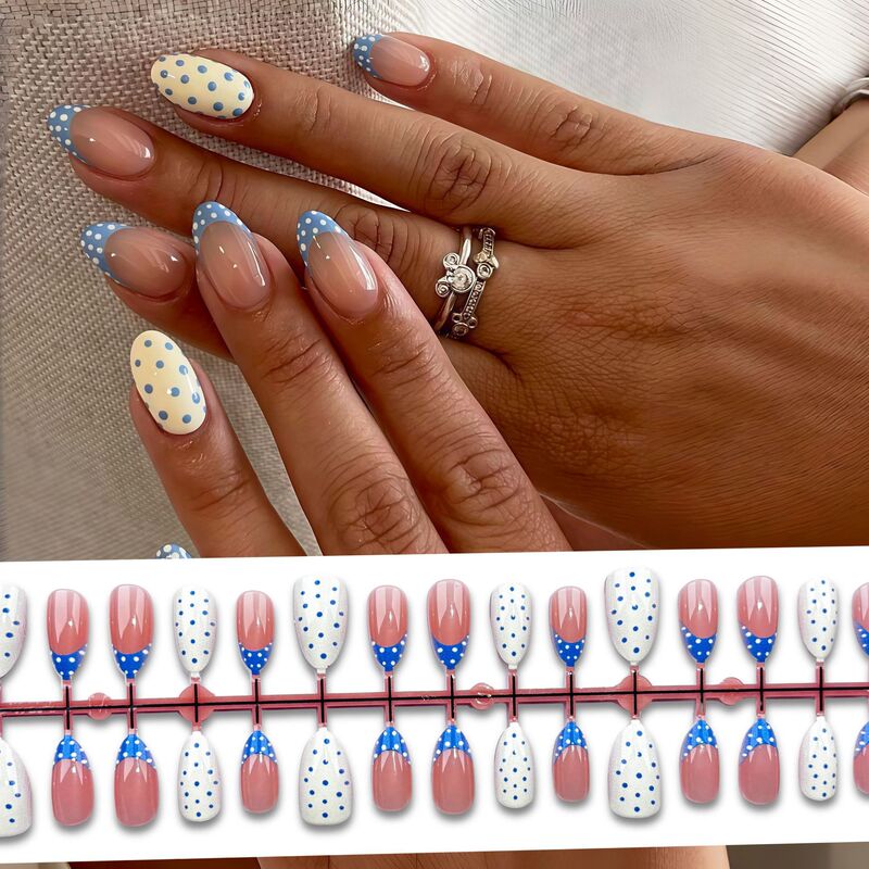 Hailey's same style blue and white French polka dot press-on nails, a cross-border bestseller in Europe and America, short almond-shaped nail patches for trendy girls Hailey's same style blue and white French polka dot press-on nails, a cross-border bestseller in Europe and America, short almond-shaped nail patches for trendy girls