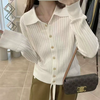 polo领针织开衫外套女秋冬季新款外搭毛衣修身气质针织衫短款上衣