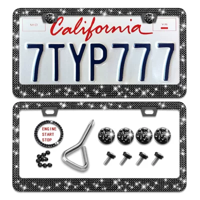 License plate holder/license plate holder, Cross-Border Crystal Diamond License Plate Frame - black-rhinestone-one-button-start-screwdriver