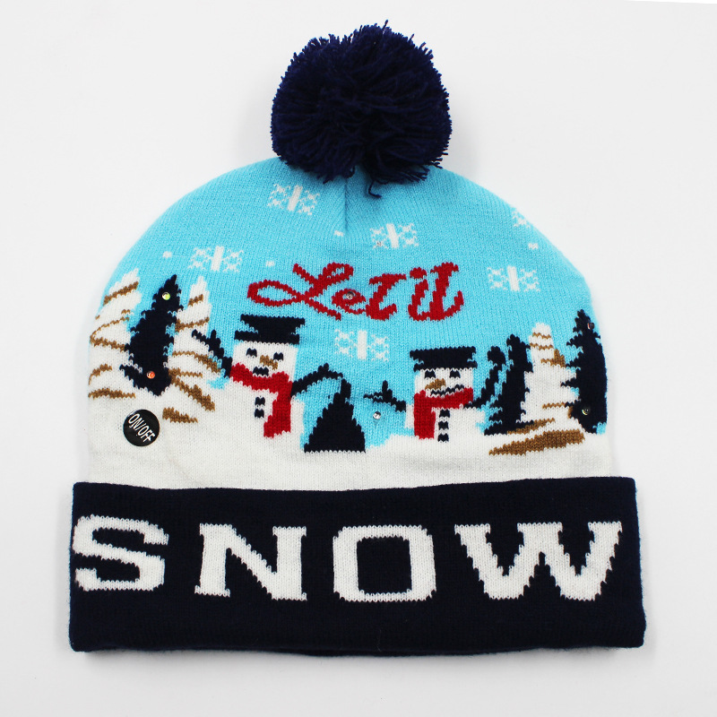 Fabricante transfronterizo de gorros navideños europeos y americanos tejidos en jacquard, gorros navideños de lana con luces LED, gorros navideños con pompón y bufandas. image 36