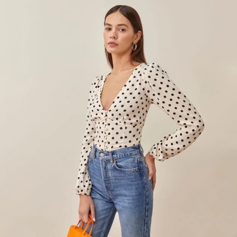 Long Sleeve V Neck Slim Polka Dot Print top NSXDX121505