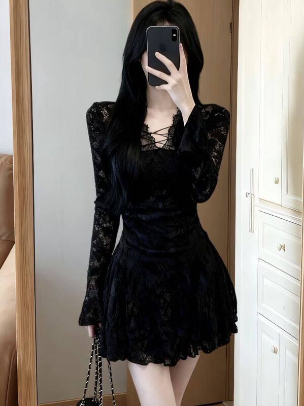 26 Autumn Trendy Korean Style Beautiful and Unique Lace V-Neck Cinched Waist Little Black Dress, Super Popular Dress for Petite Figures