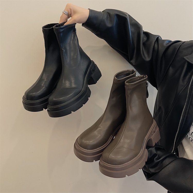 British Style Women’s Ankle Boots With Thick Heel And Back Zipper_voghion.com