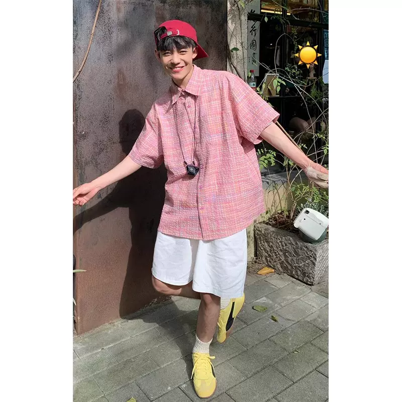 夏季潮牌潮流多巴胺短袖衬衫男士2025年新款美式格子休闲衬衣外套