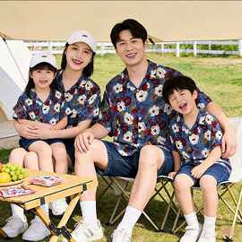 复古港风高级感亲子装衬衫2026新款一家三四口母子母女夏季衬衣潮