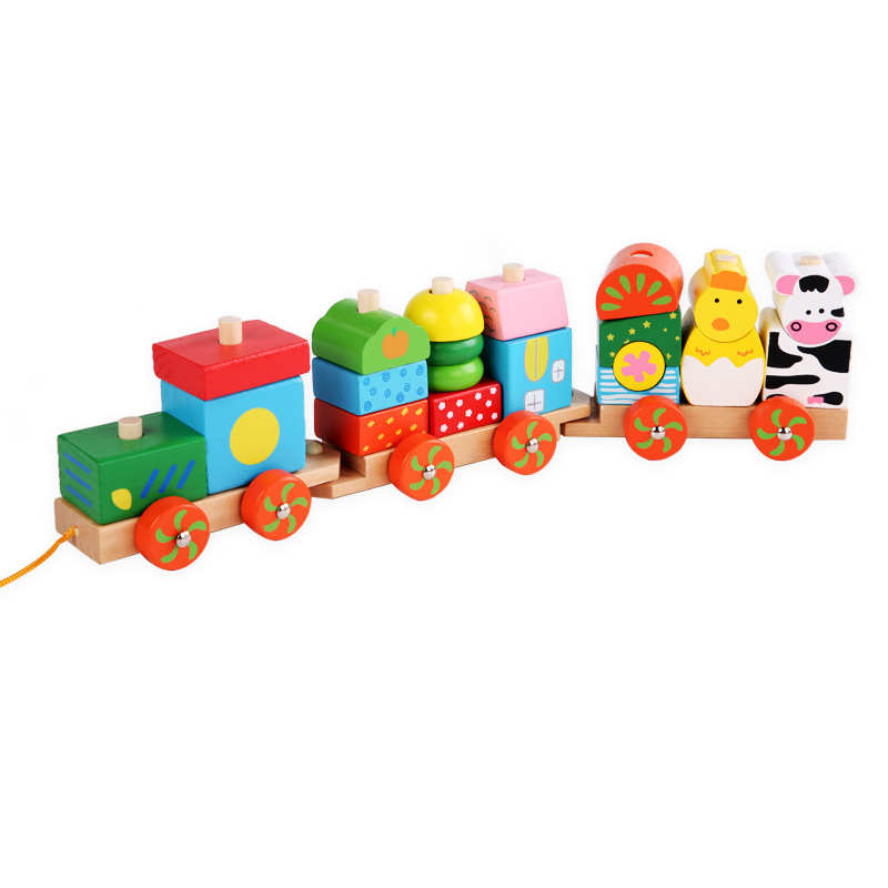 跨境儿童动物小火车拼装组合木制拖拉农场智力积木玩具车厂家批发