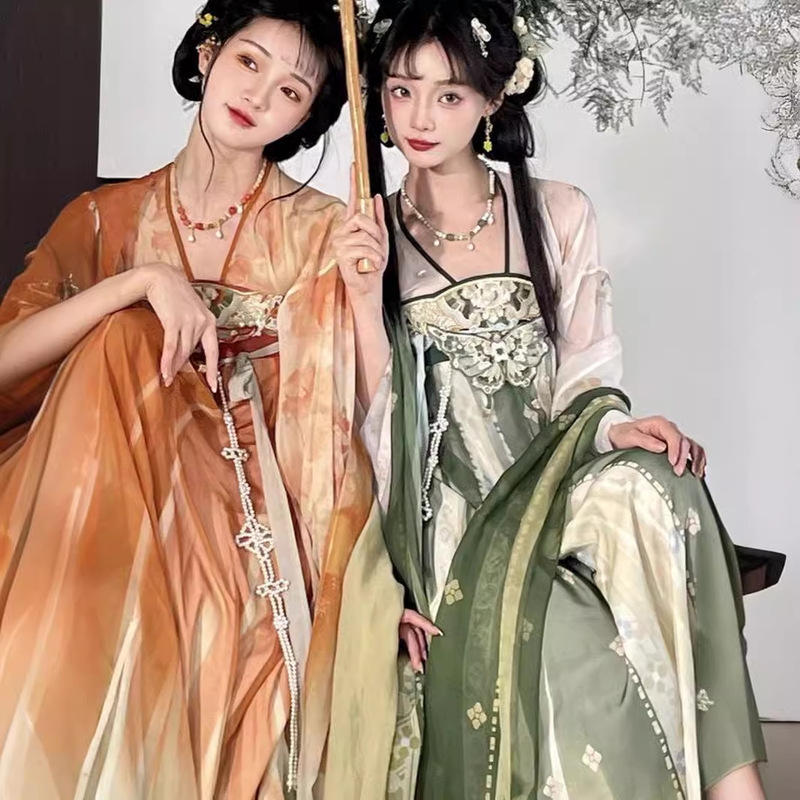 Adult Lin'an Spring Hanfu Women's Tang Style Straight Collar Pair Shirt Chest Ripped Skirt New Style Girlfriend Dress Daily Retro Style