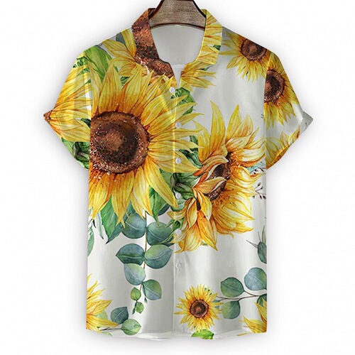 Summer Men's Beach Shirts 3D Digital Sunflower Print Short Sleeve Top Flower Casual Blouse