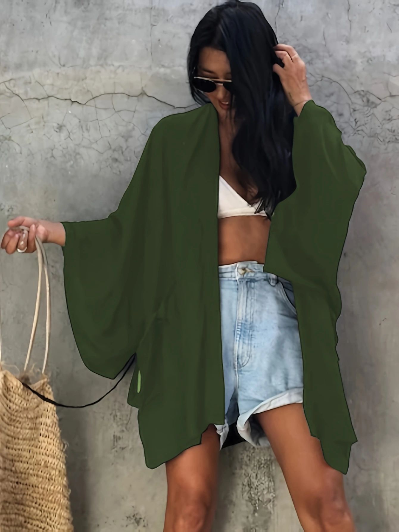 Cárdigan de rayón europeo y americano transfronterizo y kimono blusa suelta corta de todo fósforo camisa de protección solar de vacaciones junto al mar chal M0003