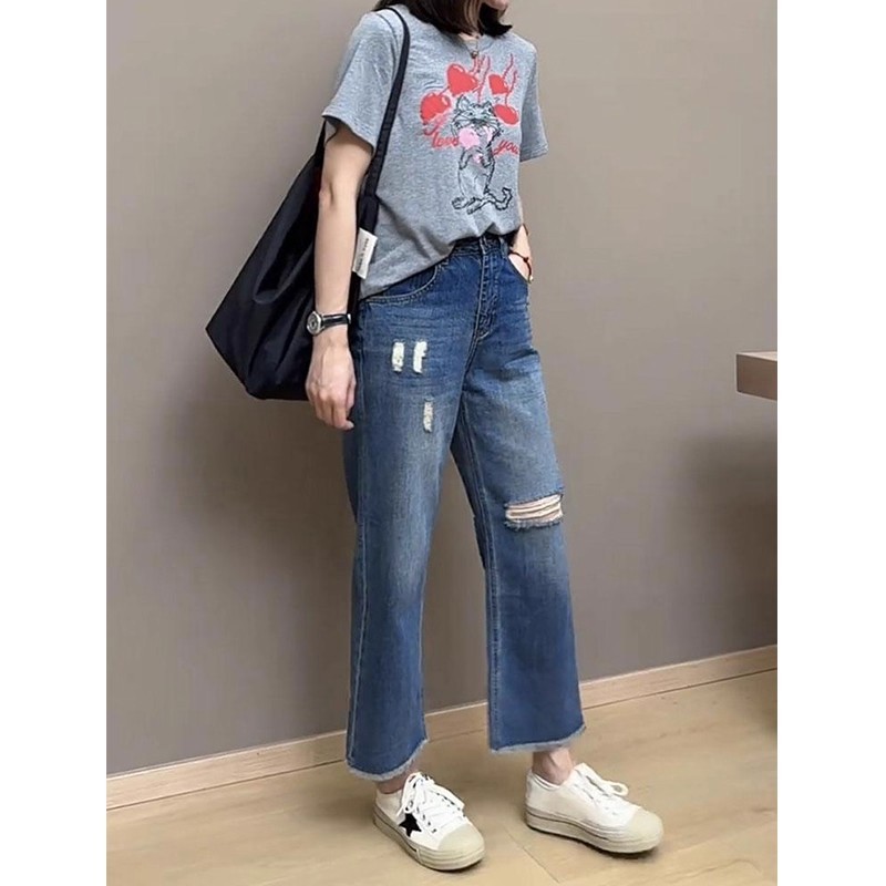 时尚磨破八分直筒牛仔裤女夏季新款时尚百搭显瘦毛边阔腿直筒牛仔|undefined