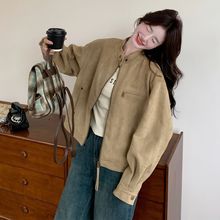 卡其色麂皮绒外套女春秋新款感小个子机车服短款休闲百搭夹克
