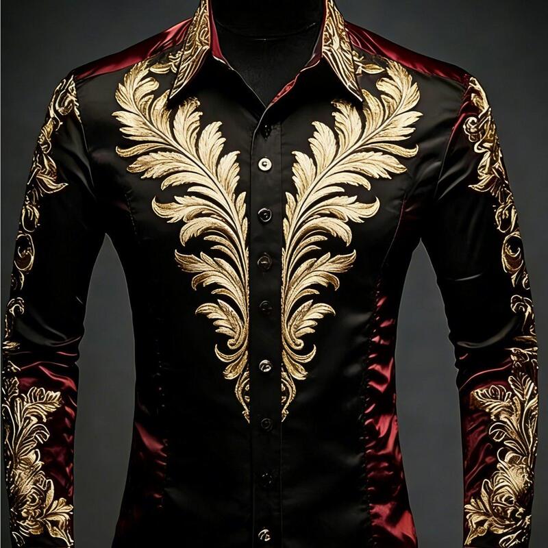 Black Gold Embroidered Baroque Satin Shirt Men's Evening Slim-Fit Long-Sleeve Dress Shirt Wholesale Black Gold Embroidered Baroque Satin Shirt Men's Evening Slim-Fit Long-Sleeve Dress Shirt Wholesale